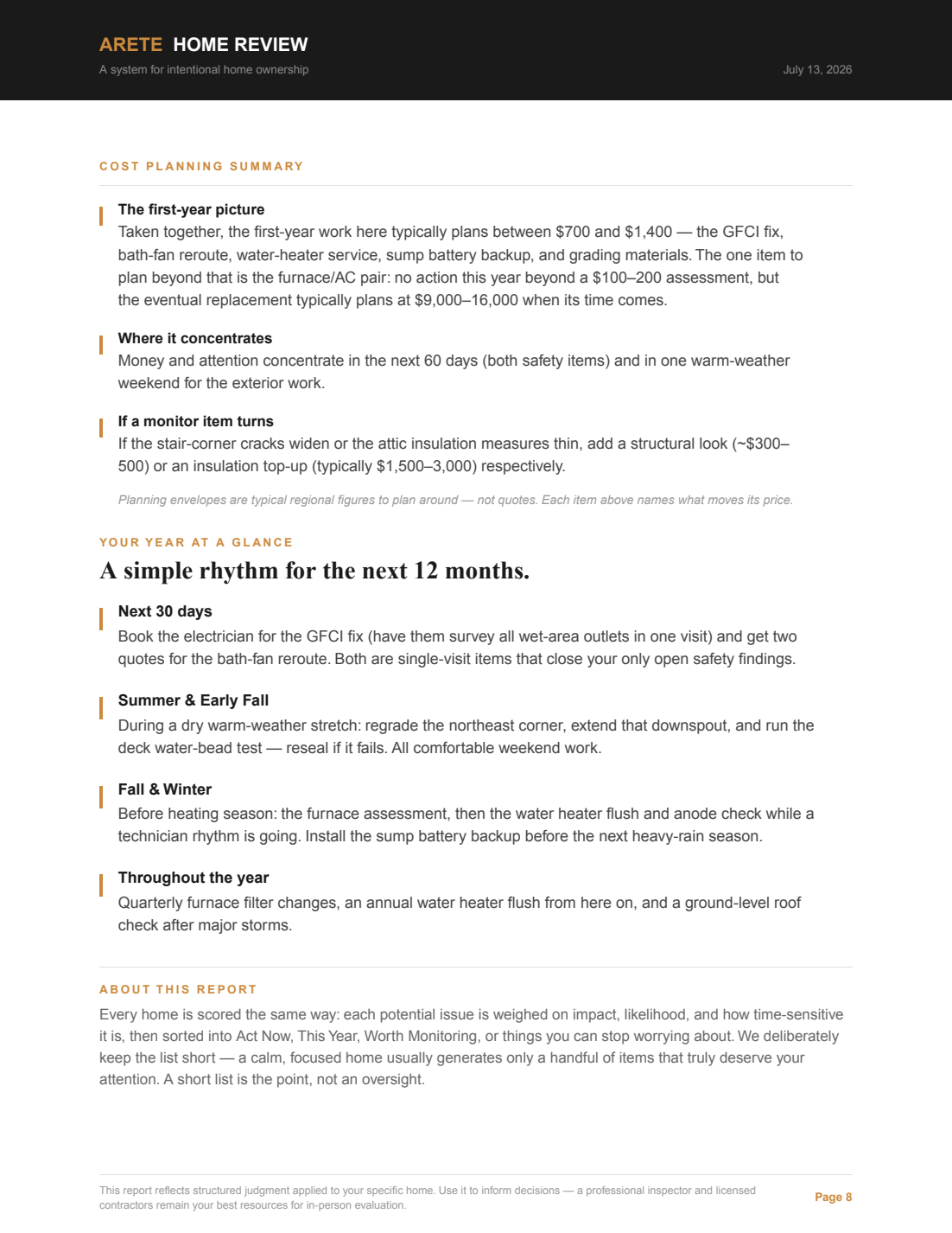 Cost Planning Summary and 12-month rhythm from the guided Home Review sample