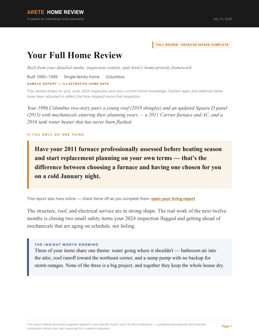 Page one of a sample Arete Full Home Review showing the single most important action and the insight worth knowing